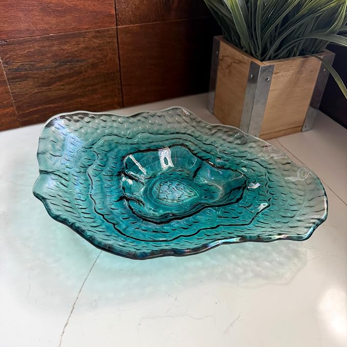 Oyster Shell Decorative Plate, 13 Inch Sea Blue Iridescent Glass | Wide Freeform Shell Form, Wavy Uneven Edges, Glossy Multitone Finish, Sits Flat for Tabletop Display