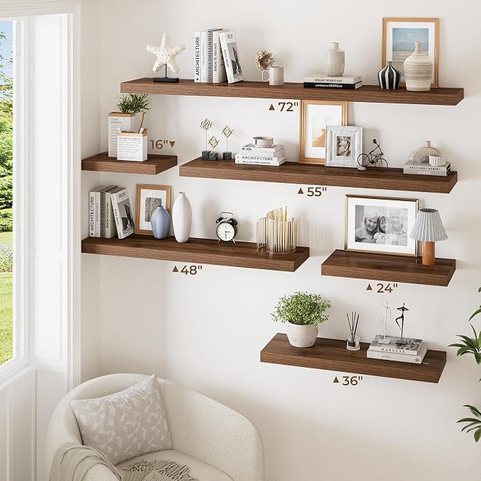 RICHFOCUS Deep Floating Shelves for Wall 2 Pack 12" D 24 Inch Wall Shelves for Room Wall|Wood Hanging Shelf with Invisible Brackets for Bathroom Bedroom Kitchen Laundry Room, Walnut