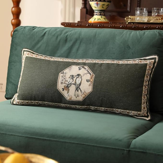 ISAENNE Vintage Linen Rectangle Throw Pillow Cover,Set of 2,28"x12"-Murad E | Designer French Green Pillow Cover,Concealed Zipper Design,Floral and Bird Pattern,Sofa,Bedroom,Living Room,Lounge Chairs
