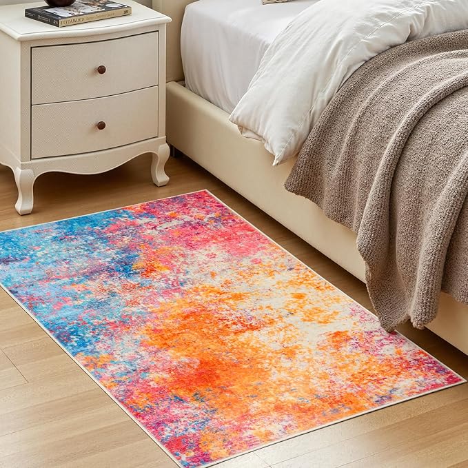 Rugflix 3x5 Entrance Rugs, Entry Rug Washable Non-Slip Stain-Resistant Low Pile, Small Modern Dark Carpet for Living Room Bedroom Indoor, Rainbow