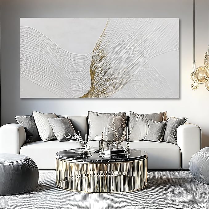 Hue7Art Contemporary White and Gold Abstract Canvas Wall Art Textured Line Design Minimalist Hand Painting Artwork for Living Room Bedroom Office Neutral Decor 29x58 Inch
