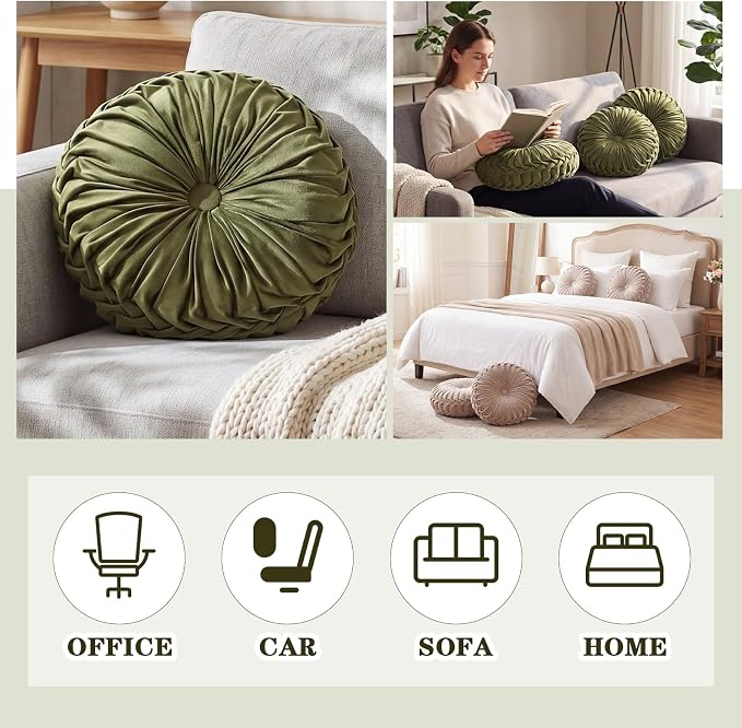 Drydiet 1 Pcs Round Throw Velvet Pillows Decorative Pleated Throw Pillows Diameter Accent Pumpkin Boho Chair Cushion for Couch Sofa Home Decoration (Dark Olive Green,15'')