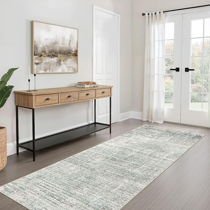 Runner Rug Non-Slip Kitchen Rug: 2x6 Washable Abstract Modern Soft Stain Resistant Indoor Floor Neutral Accent Throw Carpet for Hallway Bathroom Laundry Room Bedroom Entryway- Green