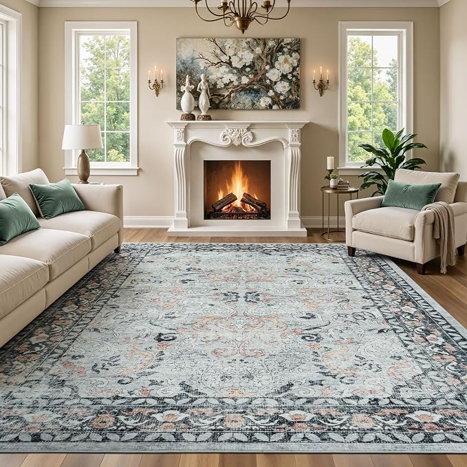 Lofus 9x12 Area Rug for Living Room,Distressed Grey Washable Area Rugs with Non-Slip Backing,Soft Boho Carpets for Bedroom Dining Room Home Office Indoor Nursery