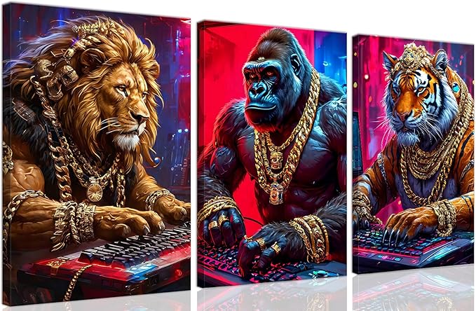 Animal & Tech-Inspired Wall Art Prints-Vibrant Tiger,lions Gorilla & Game Design Poster,Cyberpunk neon Electronic Game Style Painting Canvas Picture,for Boy Teen Men Bedroom Playroom, Framed 12X16inX3