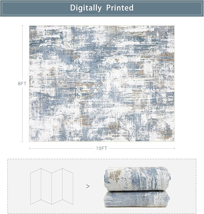 Srugn Washable Rugs 8x10 Area Rugs for Living Room,Modern Abstract Rugs for Bedroom,Large Carpets,Ultra Soft Faux Wool Dining Room Rug,Non Slip Low Pile Print Rug- Blue- (White-Reddish Brown)