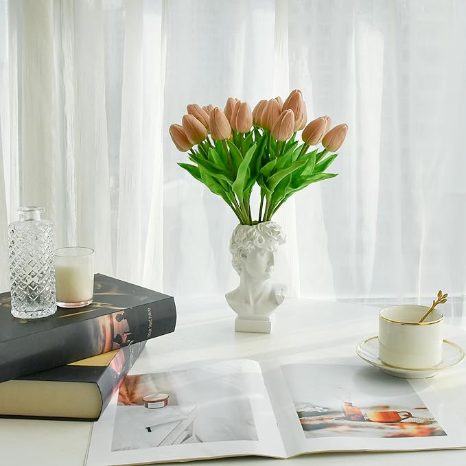 Mandy's Light Brown Artificial Tulips Flowers Centerpiece, 13.5" Lifelike PU Fake Floral Stems 20pcs for Kitchen Island & Dining Table, Spring Decor for Easter