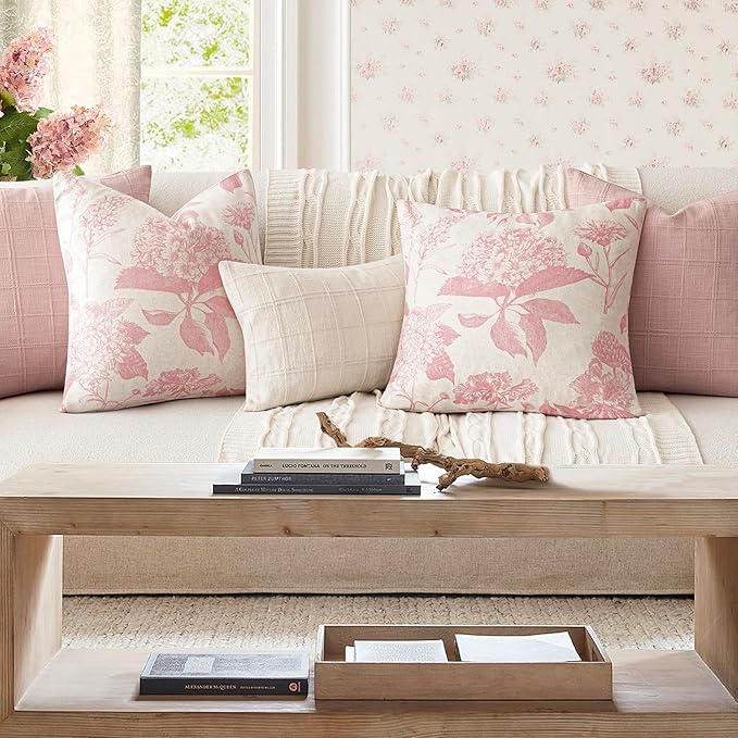 Foindtower Set of 2 Linen Floral Throw Pillow Covers Neutral Vintage Print Decorative Cozy Cushion Covers Farmhouse Boho Home Decor for Sofa Chair Couch Bedroom Living Room,24×24 Inch,Light Pink