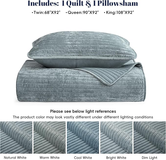 PHF Luxury Velvet Quilt Set Twin Size – 2PCS Ultra Soft Quilted Comforter Alternative with Striped Channel, Cozy Quilted Bedspread, 1 Coverlet with 1 Matching Sham, 68" x 92", Dusty Blue