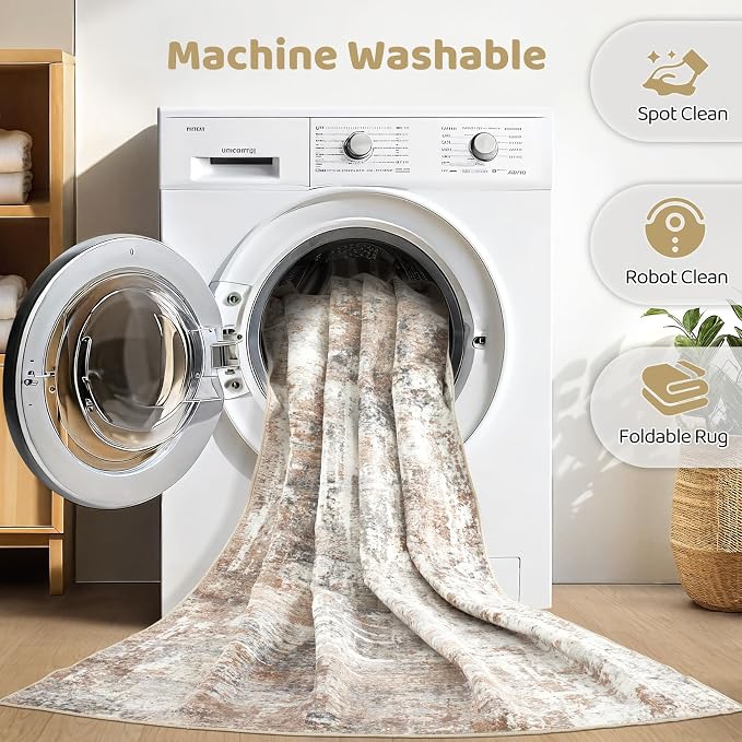 Runner Rug Kitchen Washable Rugs: 2x10 Non-Slip Abstract Soft Modern Stain Resistant Indoor Floor Neutral Accent Throw Carpet for Hallway Bathroom Laundry Room Entryway Bedroom- Brown