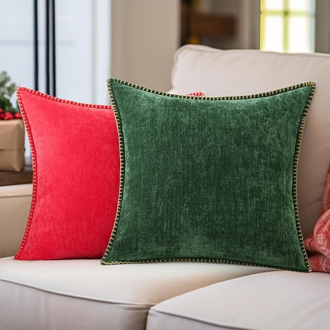 decorUhome Chenille Soft Cozy Throw Pillow Covers 22x22 Set of 2, Modern Farmhouse Boho Velvet Decorative Euro Sham Pillow Cases with Stitched Edge for Couch Sofa Bed Home Decor, Christmas Red