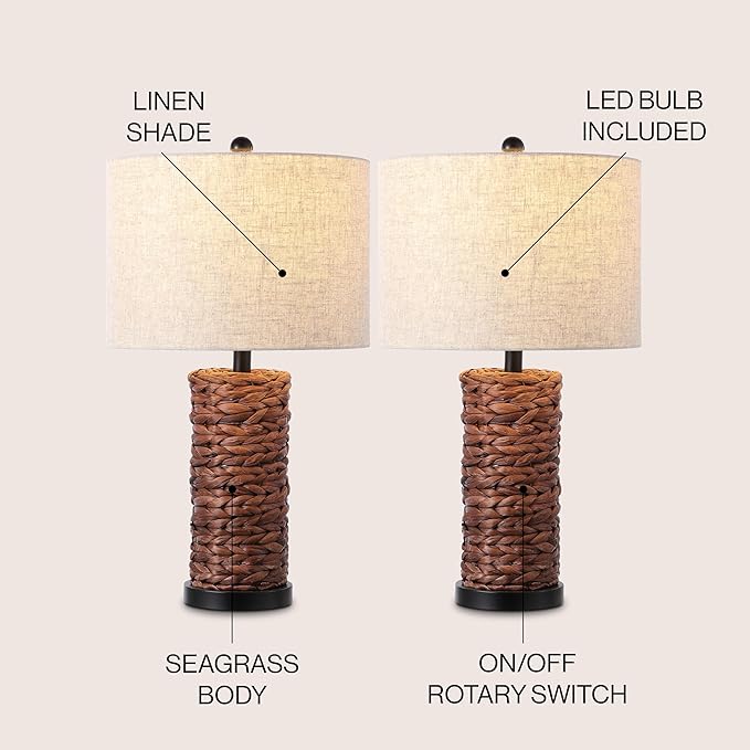 JONATHAN Y 25" Dark Brown Coastal Water Hyacinth Table Lamp Set of 2, Bedside Lamp with Light Grey Linen Shade, Boho Farmhouse Decor for Living Room Nightstand, LED Bulbs (JYL6502B-SET2)