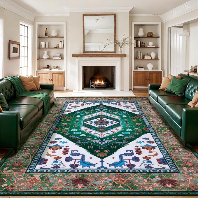 SERISSA 9x12 Area Rugs for Living Room, Large Washable Non-Slip Boho Rug, Ultra Soft Vintage Green White Oriental Tribal Print Distressed Carpet for Dining Room Bedroom Dorm Office Home Decor