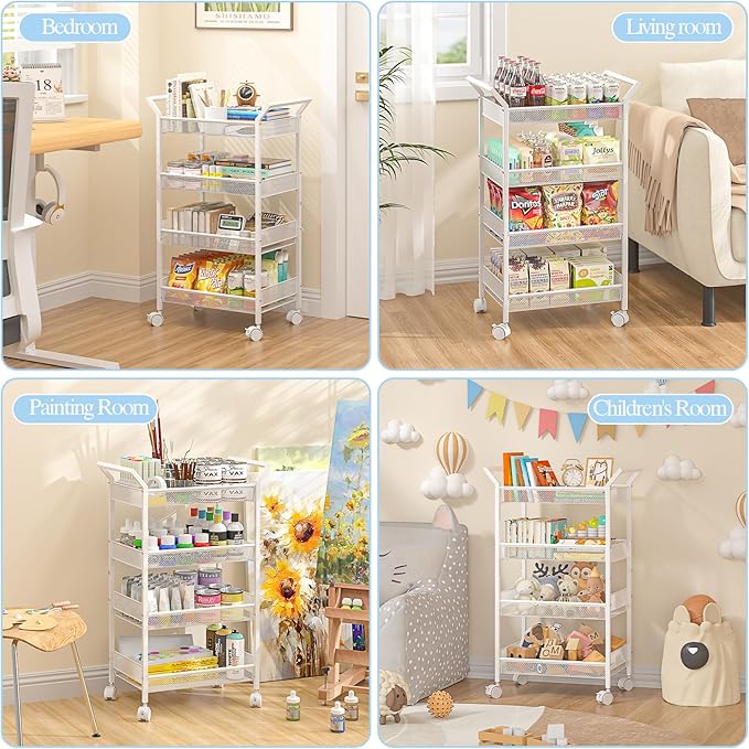 2 Pack Baby Diaper Caddy Cart, 4-Tier Diaper Caddy Organizer and Storage, Rolling Utility Cart for Baby Supplies, Diaper Cart with Wheels for Bedroom, Nursery, Changing Table, White