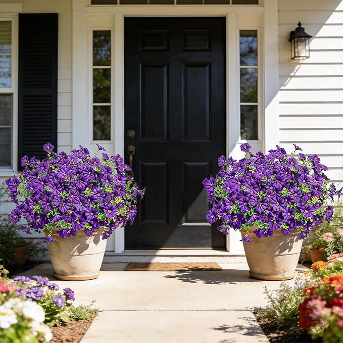 Ouddy Decor 24 Bundles Artificial Flowers for Outdoors, Fake Petunias Flowers Silk Morning Glory with Eucalyptus Faux Plants for Indoor Outside Spring Summer Yard Garden Porch Home Decor, Purple