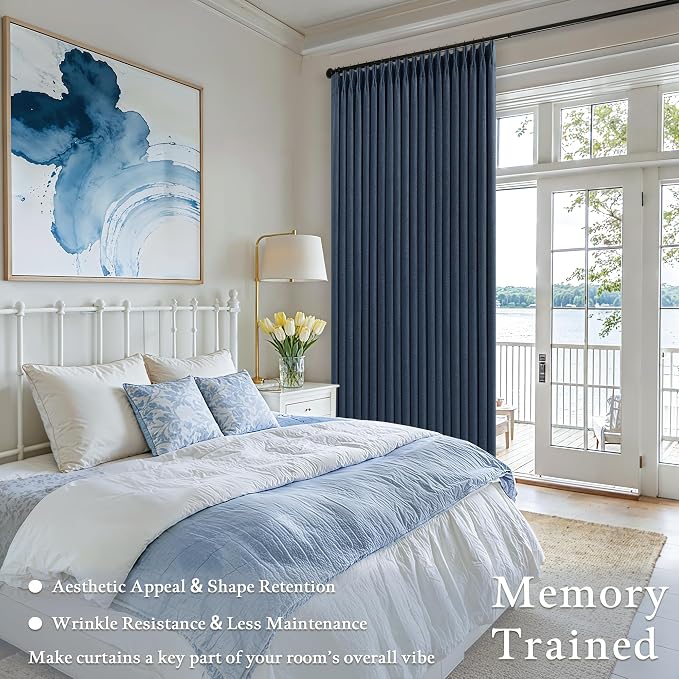 Navy Blue 108 Inch Pinch Pleated Blackout Linen Curtains for Bedroom 2 Panels Memory Trained 100% Black Out Soundproof Room Darkening Window Curtains Double Layer Pinch Pleat Drapes