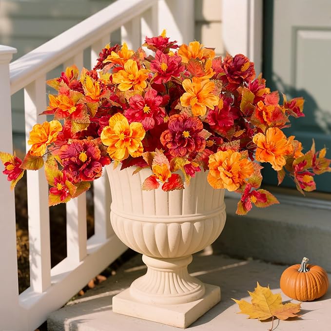 INXUGAO Fall Flowers Artificial for Outdoors Decoration, 2PCS Fake Fall Flowers for Outdoor Planters, Autumn Faux Hibiscus UV Resistant No Fade for Home Porch Patio Garden Balcony Yard Indoor Decor