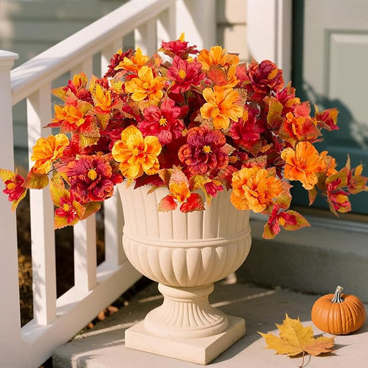 INXUGAO Fall Flowers Artificial for Outdoors Decoration, 2PCS Fake Fall Flowers for Outdoor Planters, Autumn Faux Hibiscus UV Resistant No Fade for Home Porch Patio Garden Balcony Yard Indoor Decor