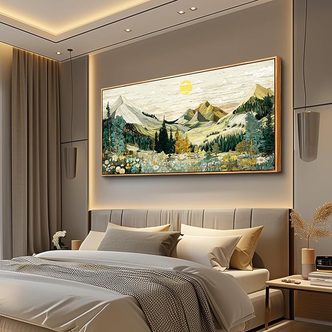XIGUANGART Mountain Framed Wall Art,Large Canvas Wall Art - Floral Abstract Painting Decor, Vintage Flower Boho Pictures,Modern Rustic Farmhouse Landscape Art Prints for Bedroom Office Home Decoration