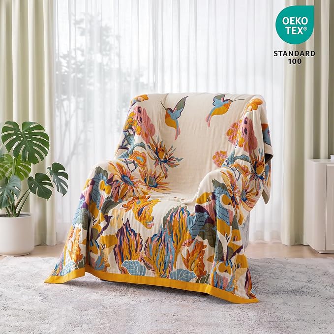 MSGKV Boho Throw Blanket for Bed 100% Cotton Throw Floral Couch Blanket 80''x90'', Summer Breathable Travel Muslin Blanket for Women Home Decor