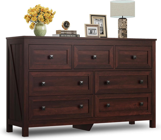 WLIVE Farmhouse Dresser for Bedroom, 51.18'' Wide 7 Drawer Wood Dresser, TV Stand for 65 inch TV, Wooden Chest of Drawers for Bedroom, Modern Clothes Organizer for Living Room, Hallway, Rustic Brown