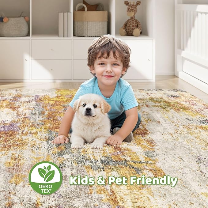 10x13 Area Rug Living Room: Washable Large Abstract Modern Soft Stain Resistant Indoor Floor Rugs Non-Slip Accent Carpet for Bedroom Nursery Playroom Office Dining Room Dorm Home House- Gold Colorful