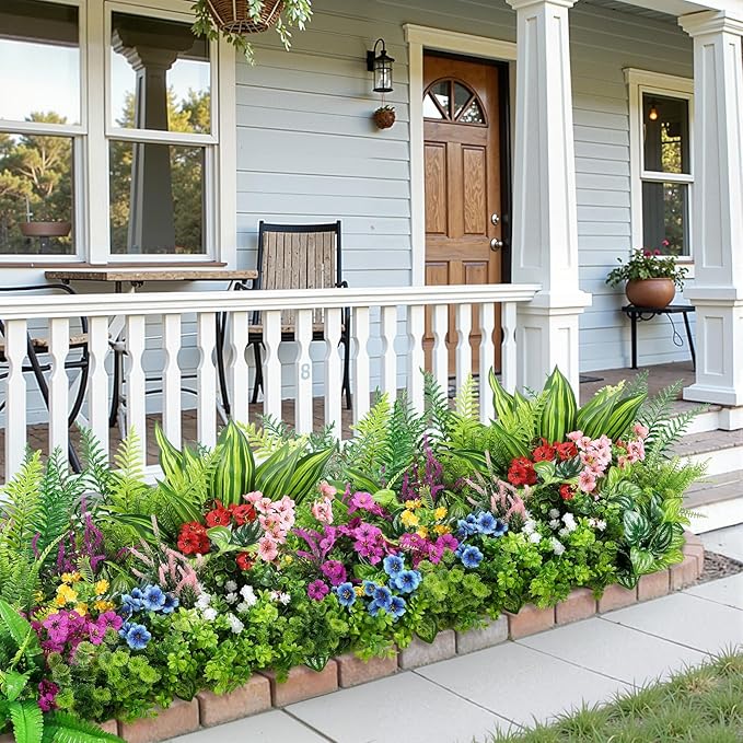 Alupssuc 24Pcs Artificial Flowers and Plants,UV Resistant & No Fade Fake Plastic Greenery Shrubs for Home Garden, Pathway, Front Porch-Spring Summer Decor, Indoor/Outdoor Use,Red Purple Pink Blue
