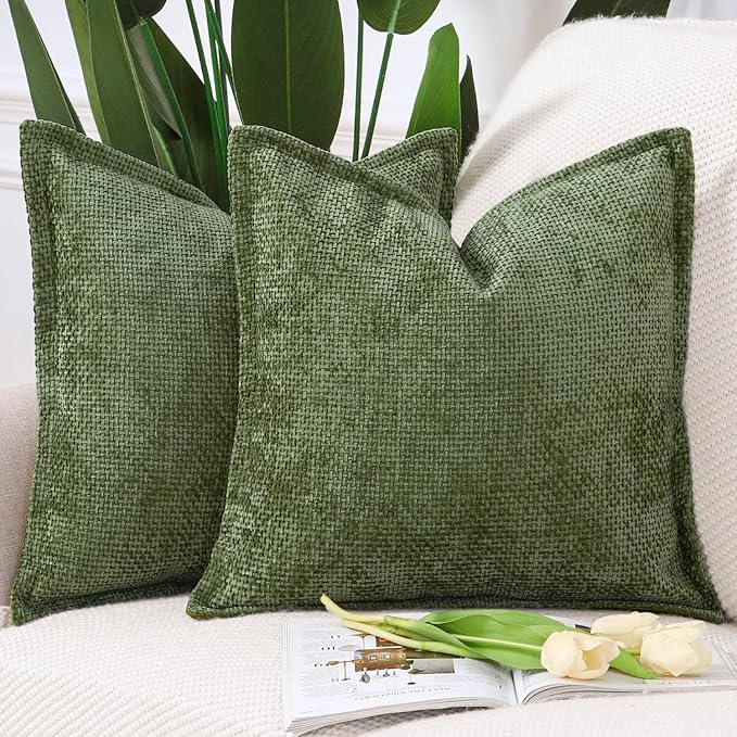 MADIZZ Decorative Chenille Velvet Throw Pillow Covers Set of 2 Soft Boho Textured Neutral Couch Throw Pillow for Bed Modern Farmhouse Home Decor for Sofa Livingroom Moss Green 16x16 Inch