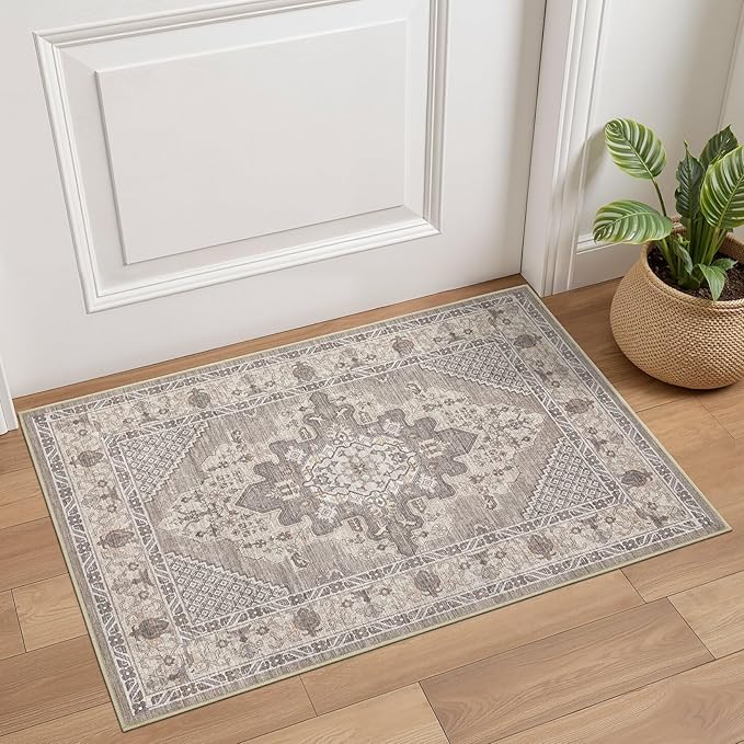 Tortania Area Rug 2x3 Doormat - Washable Vintage Oriental Farmhouse Soft Thin Indoor Carpet for Living Room Bedroom Hallway Entryway Kitchen - Taupe Brown
