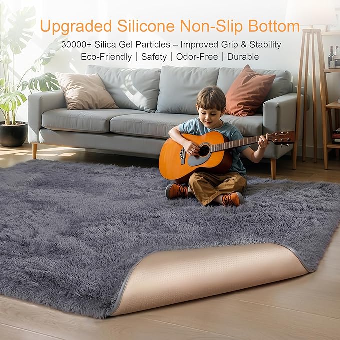 KICHOWUA Thick Area Rug 5x7 Grey Fluffy Shag for Bedroom, Extra Soft Plush Fuzzy Washable Thickened Non-Slip Floor Carpet for Living Room, Cozy Furry Shaggy Rug for Kids Baby Boys Girls Nursery Dorm