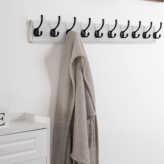 SKOLOO Rustic Wall Mounted Coat Rack, Case of 2, Pine Solid Wood Coat Hook Hanger - 10 Hooks for Hanging Clothes Robes Towels Coats