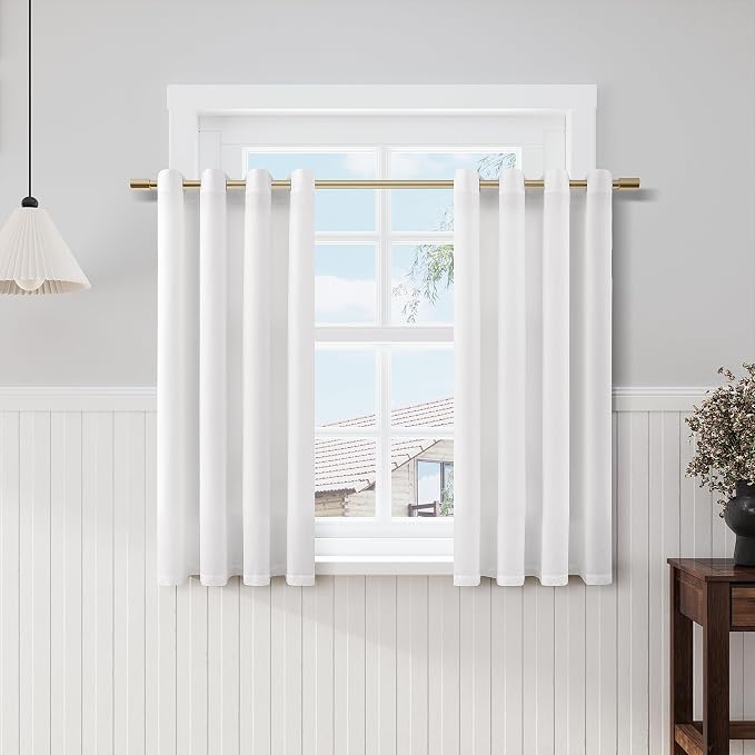Nanspring White Linen Curtains 54 Inch Length 2 Panels Set Grommet Top Semi Sheer Lightweight Short Window Curtain Drapes Semitransparent Privacy Drapes for Cafe Kitchen Basement Dining Room 52x54
