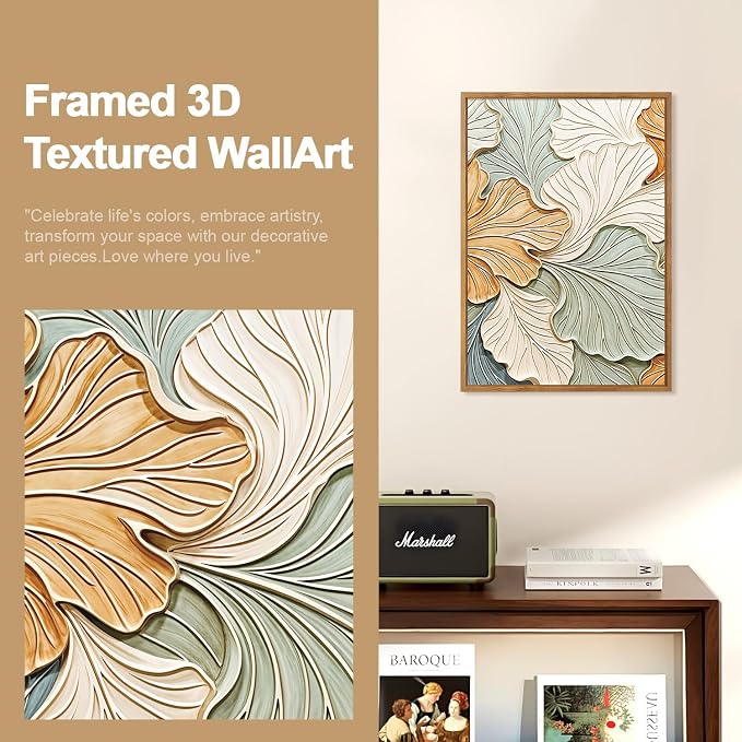CHDITB 3D Impasto Textured Ginkgo Leaf Relief Framed Canvas Wall Art Set, Neutral Earth Tone Pastel Minimalist Wall Decor, Modern Art Prints for Living Room Hallway Bedroom Home Decor 16"x24"x3