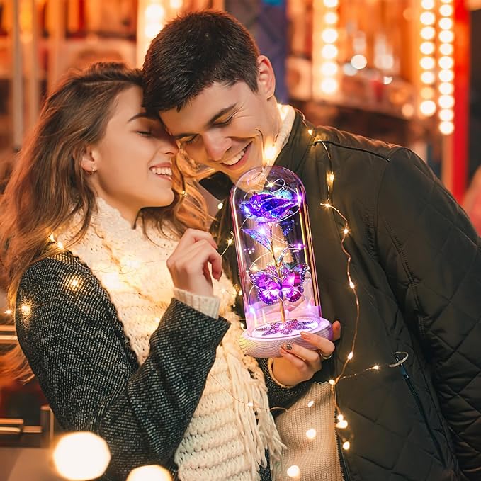 Beferr Birthday Gifts for Women Galaxy Glass Rose Forever Preserved Flowers for Delivery Light Up Rose in Glass Dome Mothers Day Butterfly Gifts for Mom Wife Grandma Her Daughter Girlfriend