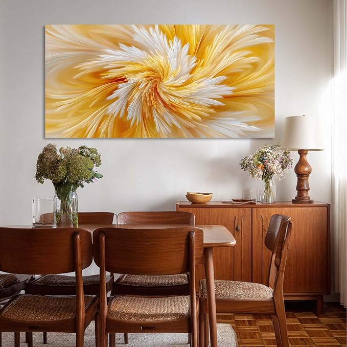 Ggaafet Yellow Abstract Wall Art for Living Room Canvas Painting Prints Warm Soft Radial Feather Art Deco Modern Artwork Office Bedroom Family Room Decor Large