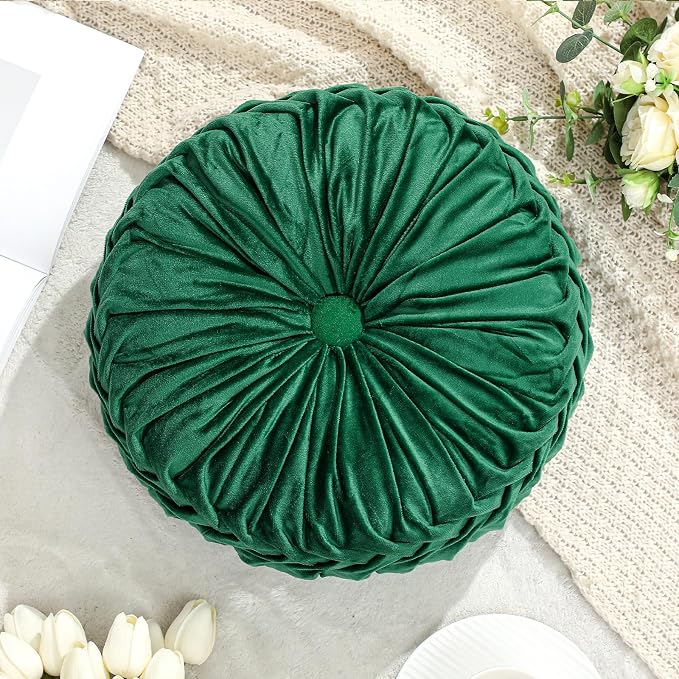 Drydiet 1 Pcs Round Throw Velvet Pillows Decorative Pleated Throw Pillows Diameter Accent Pumpkin Boho Chair Cushion for Couch Sofa Home Decoration (Deep Teal,15'')
