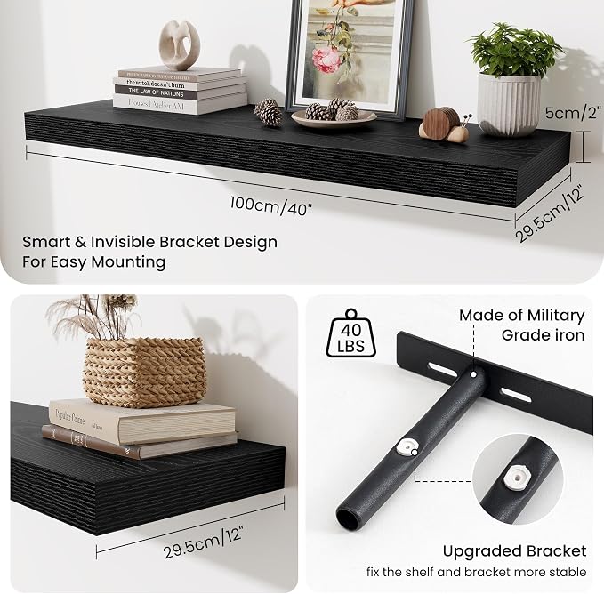 Fun Memories Floating Shelves for Wall, 40 Inch Floating Shelf for Home Decor, Wall Mounted Rustic Wood Shelves 12 Inch Deep, Hanging Deep Shelf for Bedroom, Living Room, Kitchen, Black, Set of 2