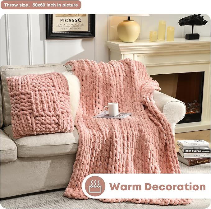 Soft Chunky Knit Blanket, 40X50 Inch Handmade Thick Chenille Yarn Throw Without Shedding & Raveling, Aesthetic & Cozy Home Decor with Couch Sofa Bed, Gift Pack, Pale Pink