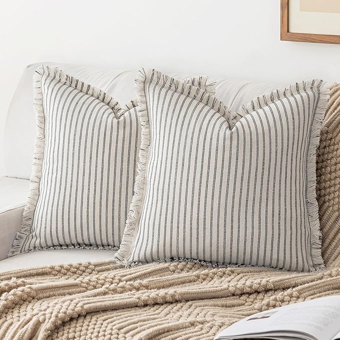 YEENAASY Throw Pillow Covers 18x18 Set of 2 Striped Fringe Pillow Cover Farmhouse Cushion Covers with Tassel Neutral Boho Pillows Decorative Square Pillowcase for Couch Sofa Bed, Grey