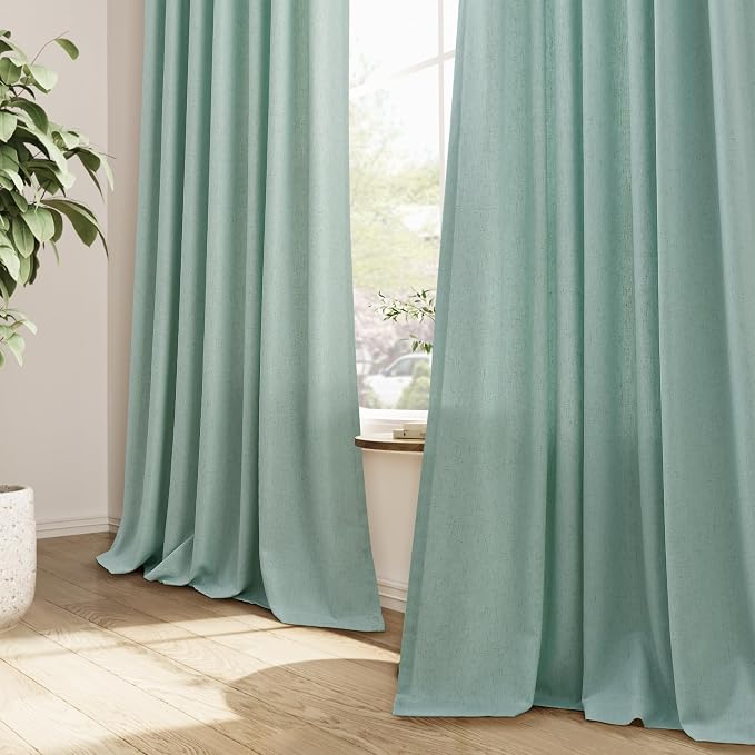 Guken Aqua Green Pinch Pleated Linen Curtains 84 Inches Long 2 Panels Elegant Modern Farmhouse Boho Window Curtain for Living Room Bedroom Semi Sheer Back Tab Draps with Hooks Rings Aesthetic Decor