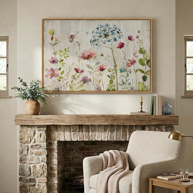 Framed Vintage Floral Wall Art, Rustic Colorful Flower Canvas Prints Artwork for Walls, Natural Watercolor Botanical Wildflower Pictures for Living Room Bedroom Dining Room Office Wall Decor, 24x36 In
