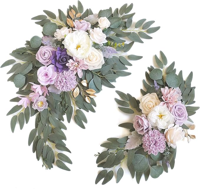 Faux Flower Swag Set of 2 for Wedding Welcome Signs Floral Swag Wedding Reception Ceremony Signs Decor (Purple)