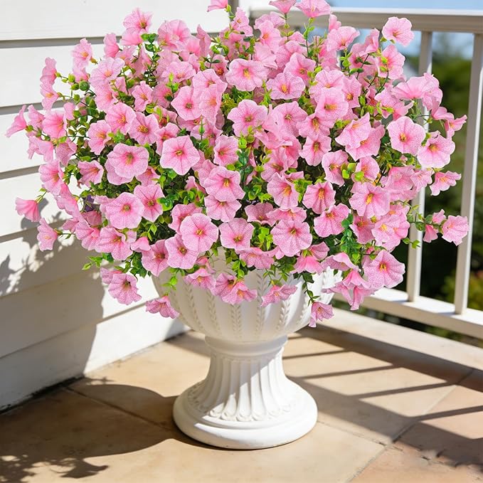 Ouddy Decor 24 Bundles Artificial Flowers for Outdoors, Fake Petunias Flowers Silk Morning Glory with Eucalyptus Faux Plants for Indoor Outside Spring Summer Yard Garden Porch Home Decor, Pink