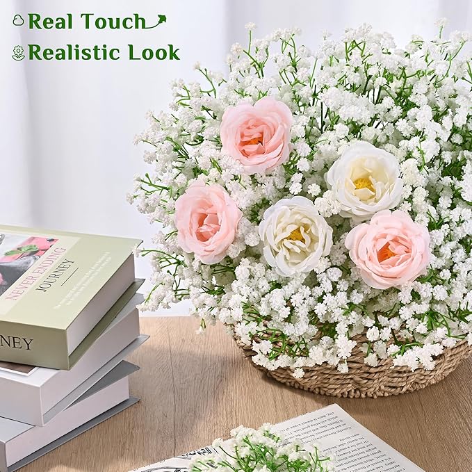 MARTINE MALL 36 Pcs Babys Breath Artificial Flowers, White Baby Breath Flowers Artificial Bulk Real Touch Fake Babys Breath Flowers Faux Gypsophila for Wedding Party Home Floral Arrangement Decor