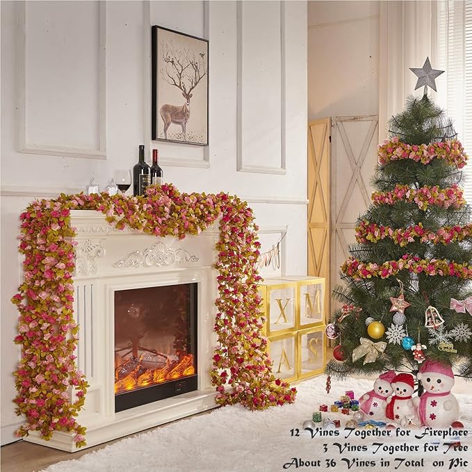 PONKING 8 Pcs x 8.2 ft Flower Garland Artificial Rose Vine Flowers with Green Leaves Hanging Fake Roses Vine for Room Party Home Wedding Birthday Christmas Wall Arch Decor, Fall Purple Flower