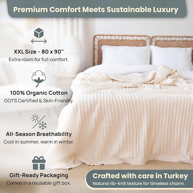 Dalisa 100% Organic Cotton Knit Blanket Denise -Soft and Lightweight, Breathable All-Season Throw for Bed, Sofa, or Lounge Area -Perfect for Home and Bedroom Styling (Stone 60x80)