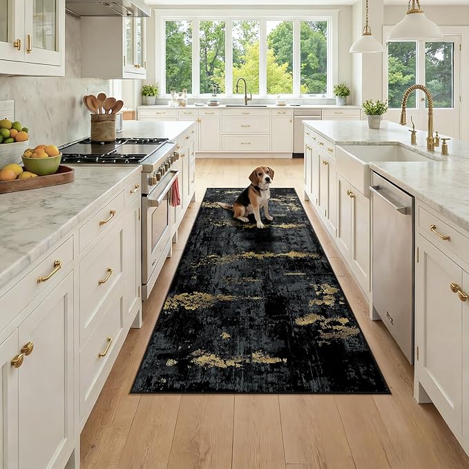RELEANY Washable Area Rugs 3x7 Non-Slip Modern Abstract Soft for Living Room Entryway Bedroom Nursery, Print Pattern, Dark Black Gold