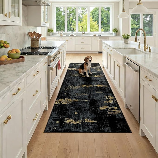 RELEANY Washable Area Rugs 3x7 Non-Slip Modern Abstract Soft for Living Room Entryway Bedroom Nursery, Print Pattern, Dark Black Gold