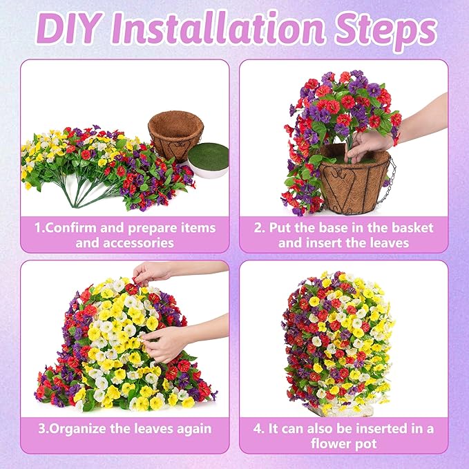 Ammyoo Artificial Fake Hanging Flowers Basket for Spring Decor, Faux Silk Flower in Planter for Summer, Outdoor Artificial Floral for Home Porch Yard(Yellow White Purple Red)