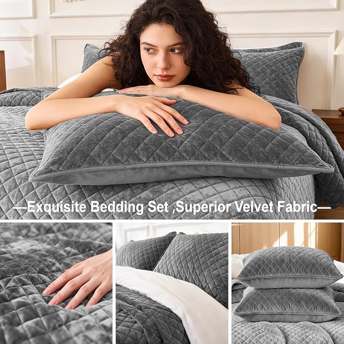 Velvet California King Quilt Size Set 106x118 Luxury Soft Bedspread Coverlet 3-Piece King Comforter Sets with 2 Pillow Shams 20x36 Super Cozy for All Seasons Velvet Bedding Set, Gray